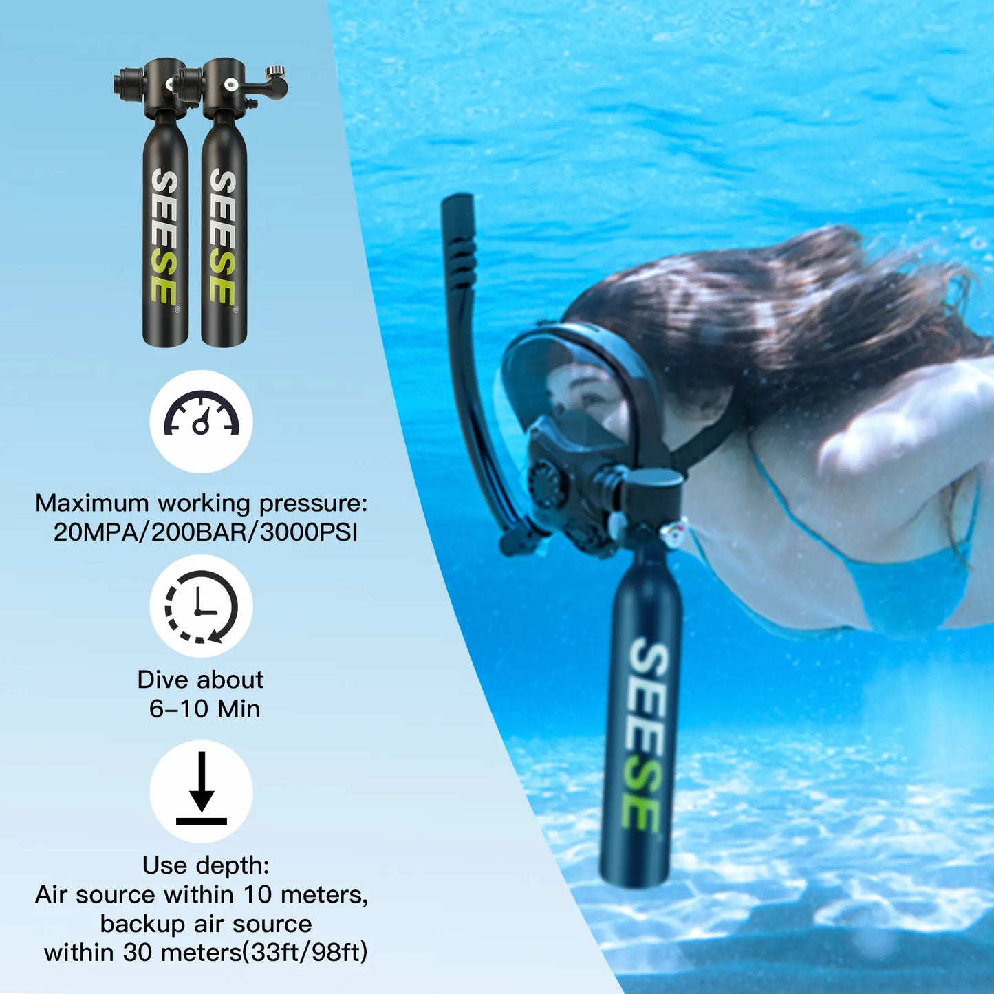 Mini Scuba Tank with Snorkel Mask 0.5L Portable Small Diving Tank with Full Face Diving Mask Reusable DOT Certified Pony Bottle Diving Cylinder Kit