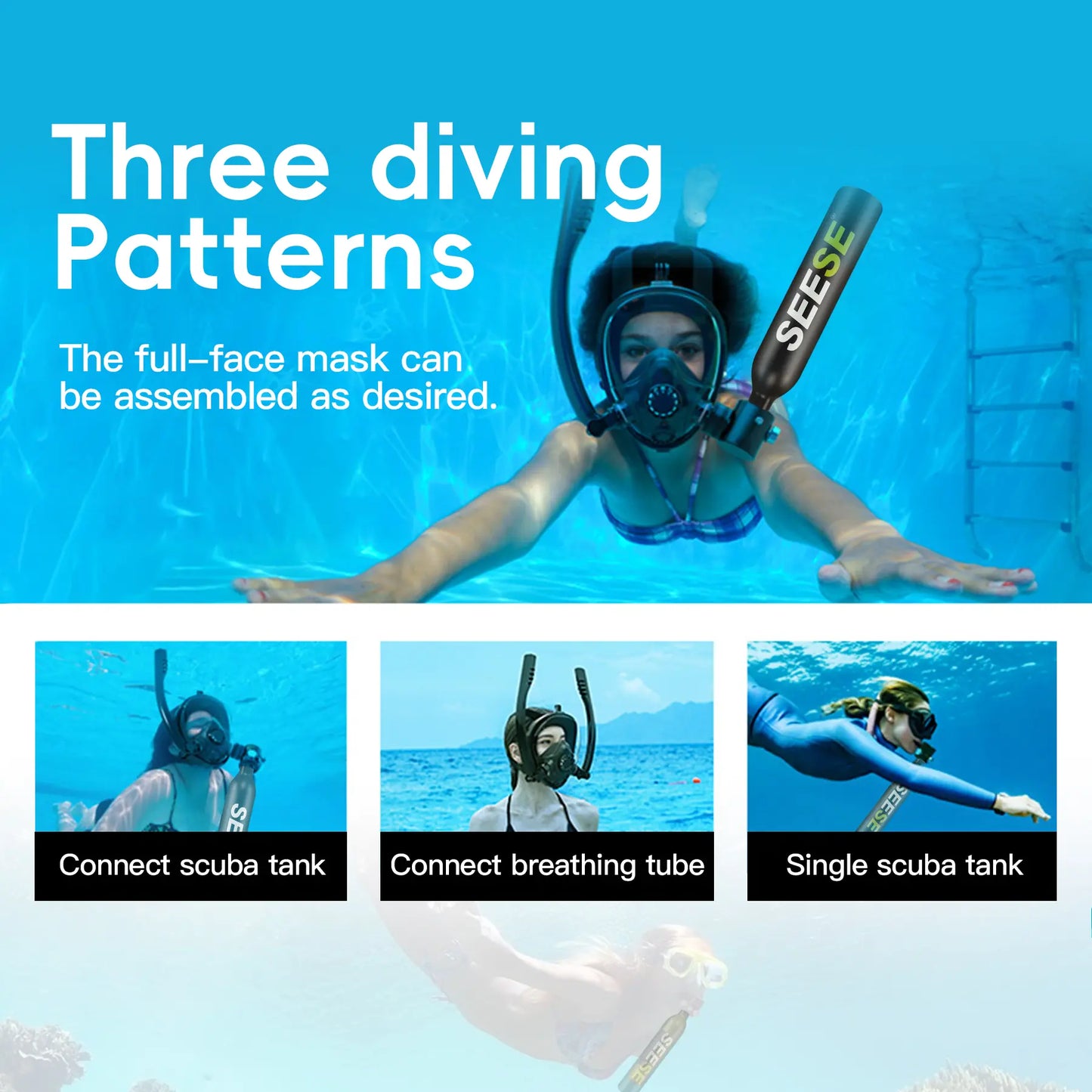 Mini Scuba Tank with Snorkel Mask 0.5L Portable Small Diving Tank with Full Face Diving Mask Reusable DOT Certified Pony Bottle Diving Cylinder Kit