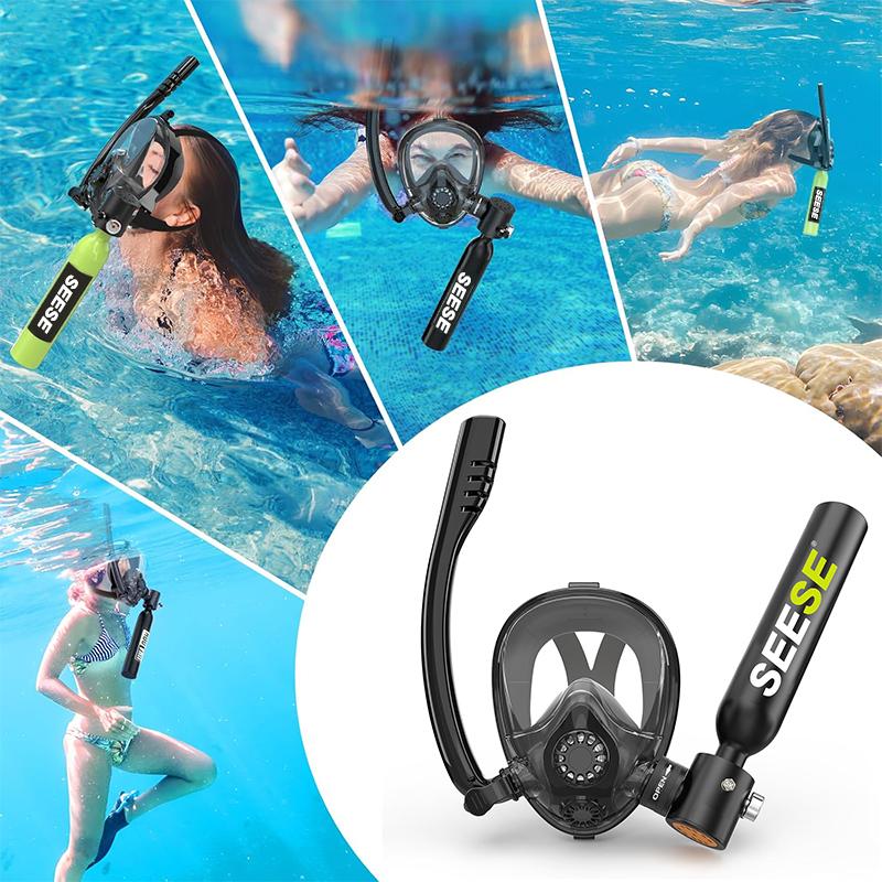 Mini Scuba Tank with Snorkel Mask 0.5L Portable Small Diving Tank with Full Face Diving Mask Reusable DOT Certified Pony Bottle Diving Cylinder Kit